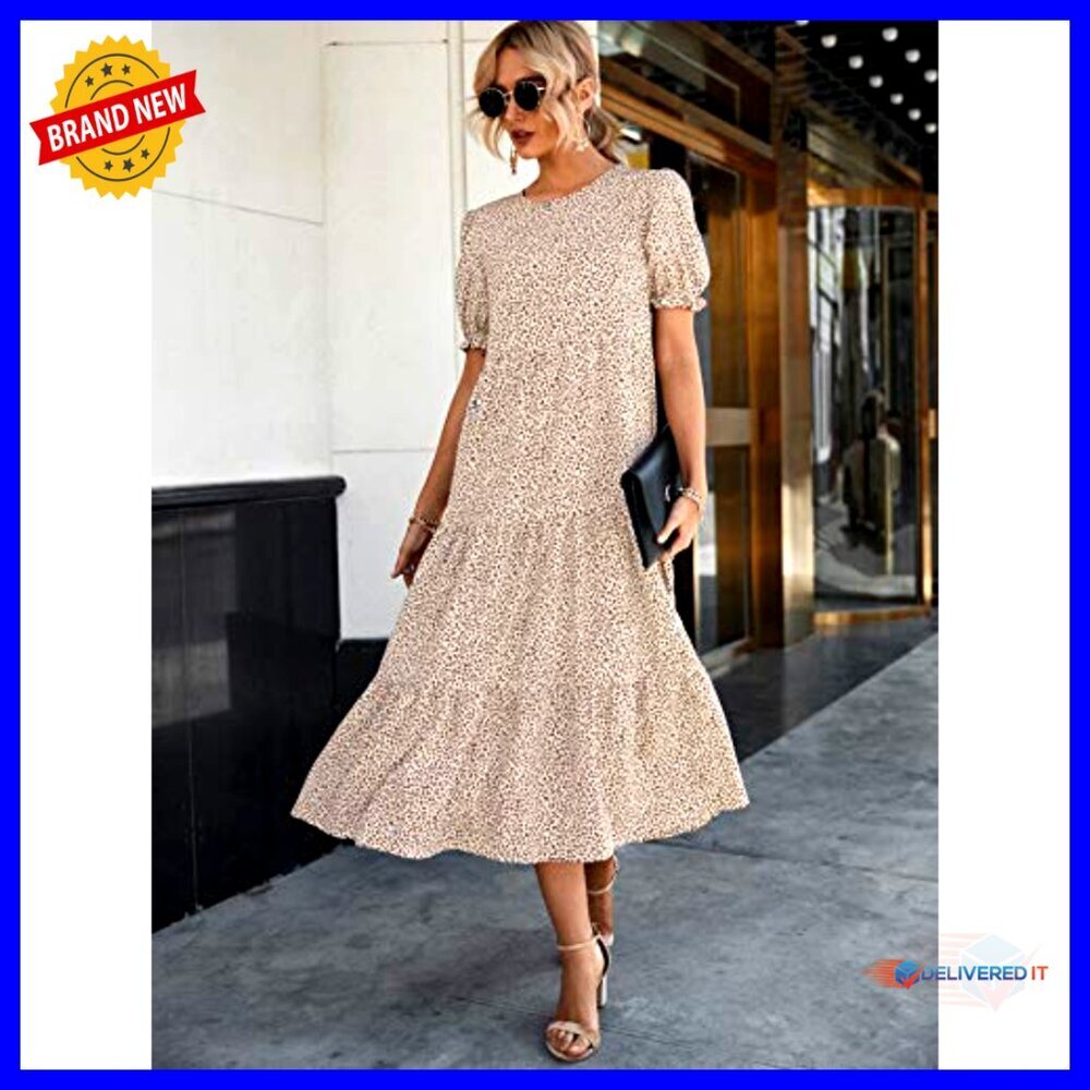 Floral Boho Midi Dress Puff Sleeve Flowy Vintage Elegant Summer Casual - Picture 2 of 7